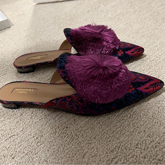 Size 41 - Aquazzura Powder Puff Pompom embellished Metallic Jacquard Mules - Picture 3 of 15